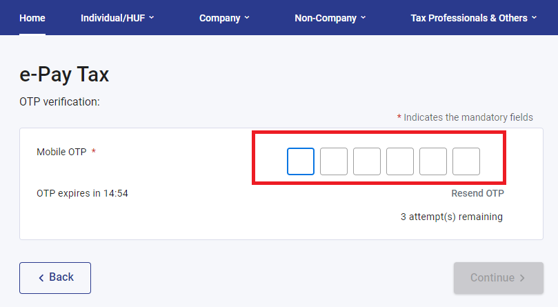 OTP verification for e-pay tax