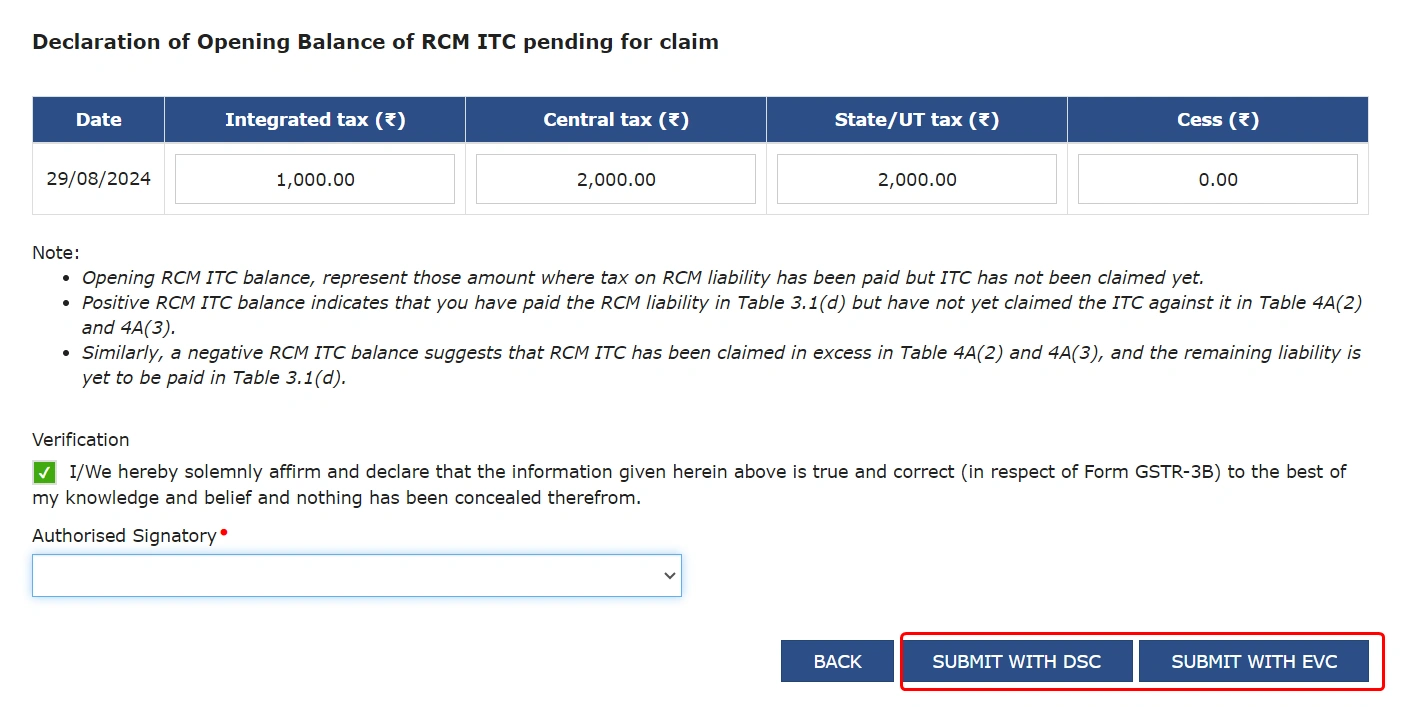 RCM liabilities/ITC statement