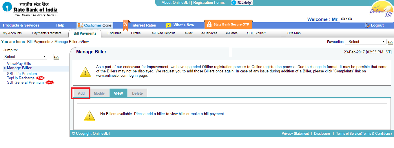 How to add iSIP URN number in SBI Netbanking