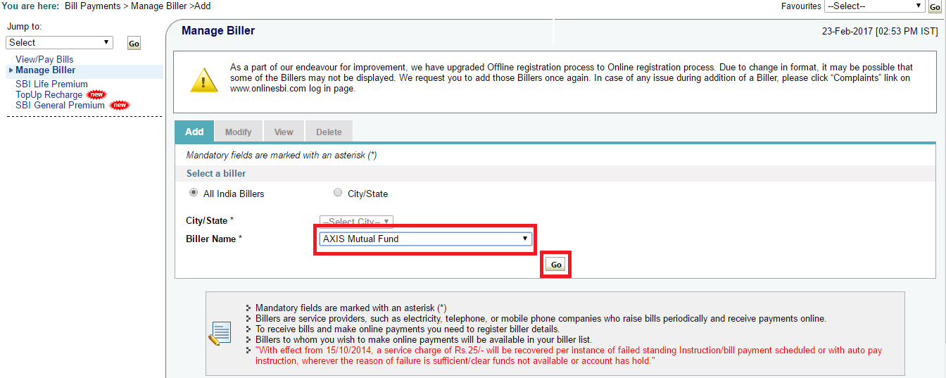 How to add iSIP URN number in SBI Netbanking