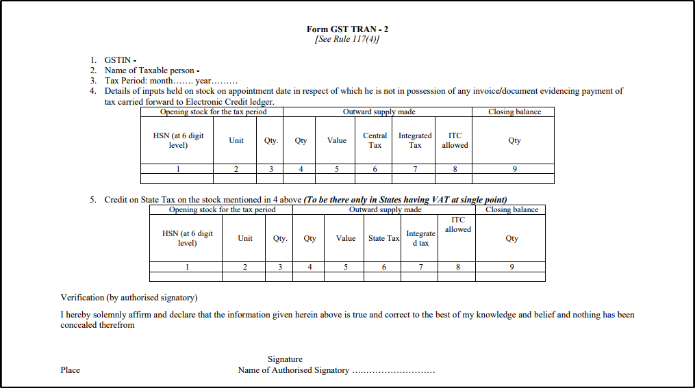 transition forms tran 1 tran 2 format due date how to claim itc stock ledger forms