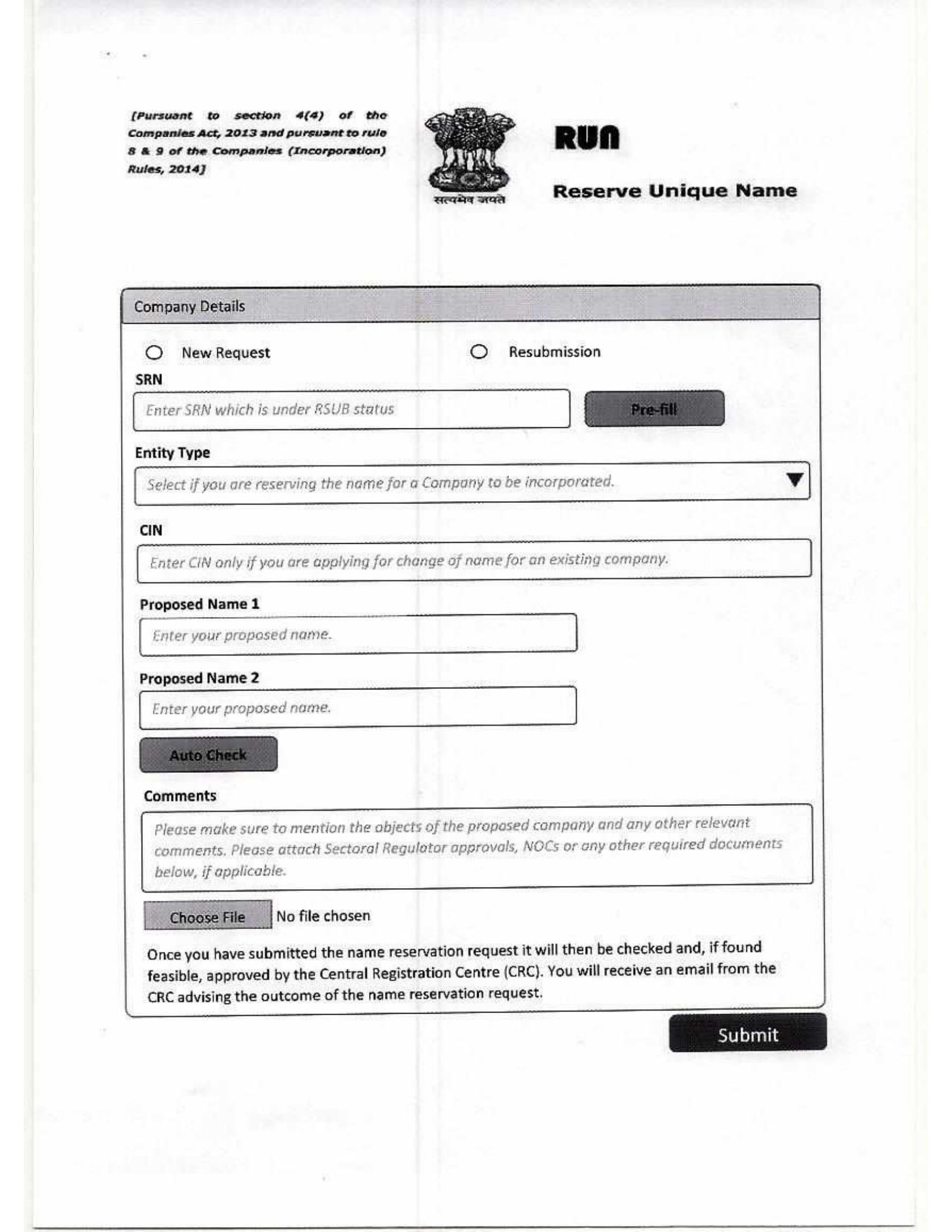 Company registration - Reserve unique name form