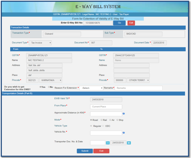 eway bill extend validity