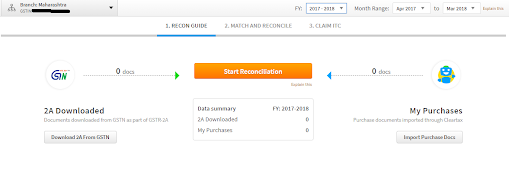 Reconciliation process starting page in Cleartax GST