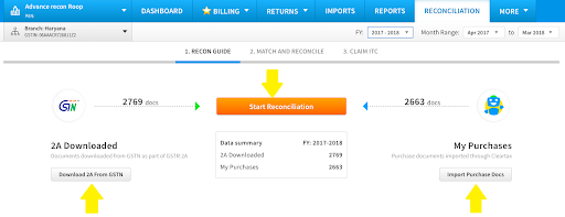 Reconciliation process starting page in Cleartax GST