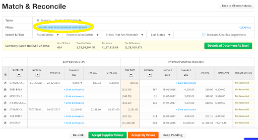 Missing supplier's data or missing in own data under reconciliation under ClearTax GST